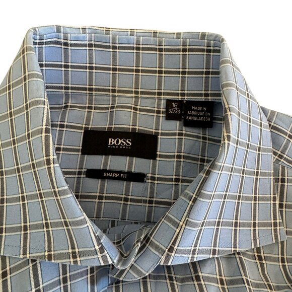 Boss Hugo Boss Men's Sharp Fit Blue Checkered Cotton Dress Shirt, Size 16 32/33 - Picture 5 of 7